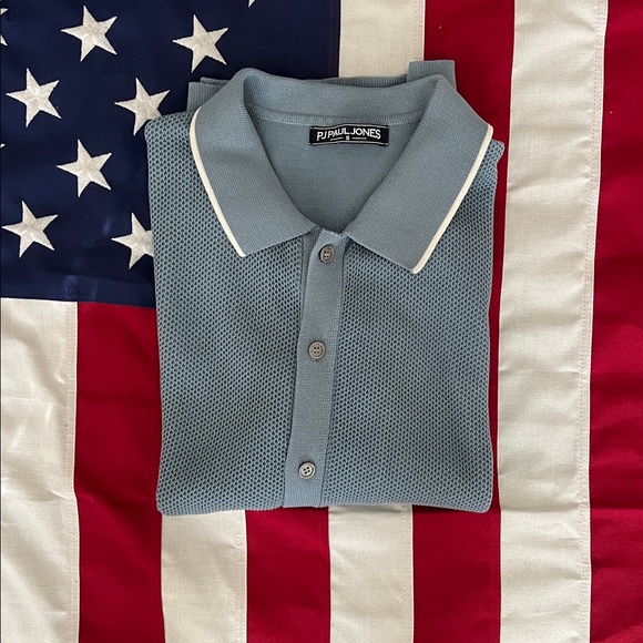 Blue Short Sleeve Button-Up Polo Shirt - Picture 5 of 6